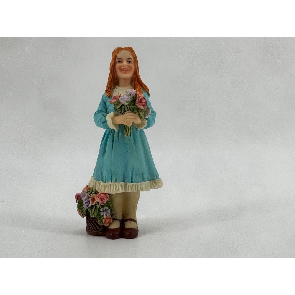 Vintage Style Red Hair Girl Figurine Blue Dress Flower Basket Resin Statue